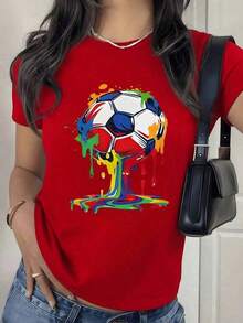 Women's Short Sleeve T-Shirt With Soccer Ball Print, Soft And Breathable Fabric, Fashionable Casual Sportswear, Drip Paint Effect Soccer Ball Graphic, Slim Fit For All Sizes, Perfect For Soccer Matches, Outings With Friends, Daily Activities And Gifts For Sports Fans, Vibrant Design That Will Never Go Out Of Style - 紅色的 - 查看 1