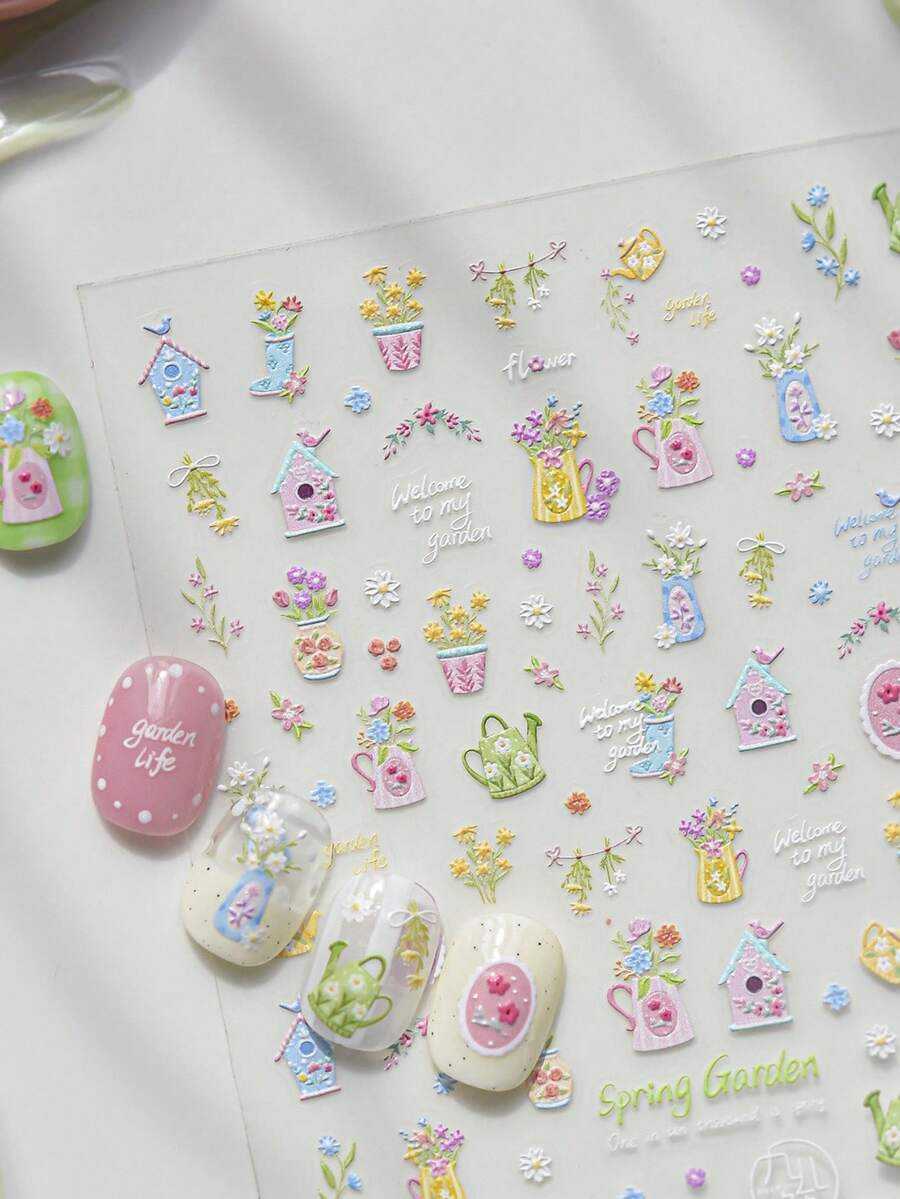 1 Sheet 3D Embossed Spring Garden Nail Stickers, Cute Flower Pot & Birdhouse Pattern, Self-Adhesive Sweet Nail Art Decals - Multicolor - View 1