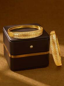 1/2/3pcs Fashion Classic Hollow Copper Coin Double Row Zirconia 18K Gold Plated Bracelet, 60mm Diameter Open Cuff Bracelet, Brings Good Luck And Health, Suitable For Women's Daily Wear, No Packaging Box - Yellow Gold - View 2
