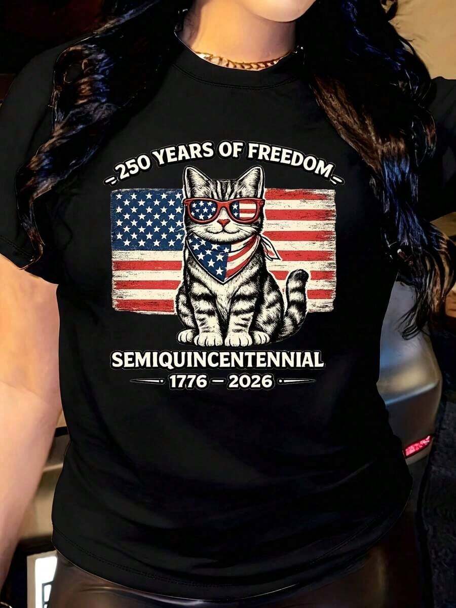 Women's T-Shirt With American Flag Print, Cat And Patriotic Glasses, Bandana Style, Round Neck, Short Sleeve, Suitable For Daily Outdoor Use, Perfect For All Seasons. - 黑色 - 查看 1