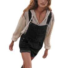 Denim Overalls Mini Dress For Women High Stretchy Adjustable Strap Jean Short Dress With Pockets, Solid Color/Camouflage/4th Of July USA Flag Print Sleeveless Suspender Dress - F130-Đen - Xem 3