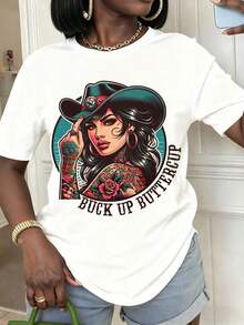 1pcs Women's Tops Summer T-Shirt With With Cowboy Hat And Tattoo Artwork Casual Round Neck Short Sleeve Tee For Spring And Summer Gifts For Friends And Familyplayeras De Mujer - 白色 - 查看 7