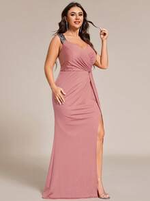 EVERPRETTY Gaun Malam Wanita Ukuran Besar Model Camisole dengan Belahan Tinggi, Gaun Formal Warna Pink Pucat, Cocok untuk Wisuda, Prom, dan Pesta Pernikahan - Rusty Rose - View 5