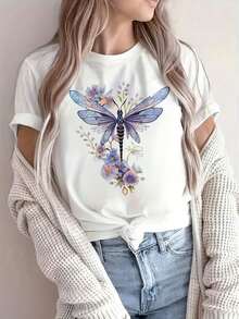 Women's Casual Short Sleeve T-Shirt - Floral And Dragonfly Print, Round Neck, Semi-Sheer Breathable Fabric With Contrasting Color Blocking, Regular Fit H Silhouette For Summer And All Seasons Wear, All Season Fashion, Medium Stretch Fabric - 白色的 - 查看 1
