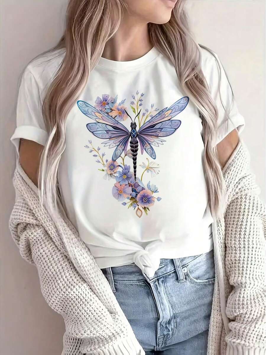 Women's Casual Short Sleeve T-Shirt - Floral And Dragonfly Print, Round Neck, Semi-Sheer Breathable Fabric With Contrasting Color Blocking, Regular Fit H Silhouette For Summer And All Seasons Wear, All Season Fashion, Medium Stretch Fabric - 白色的 - 查看 1