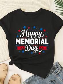 Women's Casual Sports T-Shirt With Stars And Stripes Design For Memorial Day - Stretch Crew Neck T-Shirt, Machine Washable, Comfortable Fit And Perfect For All Seasons, For Patriotic Celebrations. - 黑色 - 查看 6