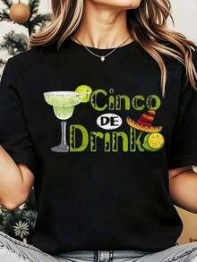 Cinco De Drink Margarita And Sombrero Print Women Round Neck T Shirt For Fiesta Celebration Cinco De Mayo 220gPlayera Holgada para Mujer - Negro - Ver 1