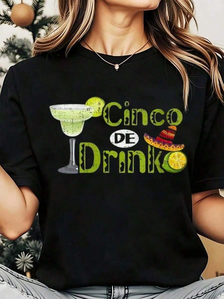 Cinco De Drink Margarita And Sombrero Print Women Round Neck T Shirt For Fiesta Celebration Cinco De Mayo 220gPlayera Holgada para Mujer - Negro - Ver 1