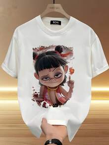 Men's Thick 100% Cotton T-Shirt With Cartoon Print - Loose Fit, Short Sleeve, Crew Neck, Casual Style, Machine Washable, All-Season Comfort For Teens And Young Adults - 白色 - 查看 1