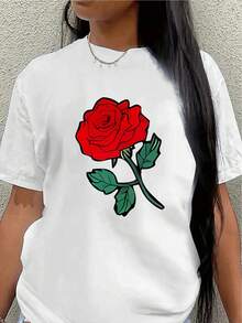 Camiseta de manga corta, ligera y duradera, con diseño de rosa roja, es perfecta para usar en casa, en un restaurante o como ropa casual al aire libre, ofreciendo una experiencia de uso cómoda para el día a día.blusa casual mujer - Blanco - Ver 7
