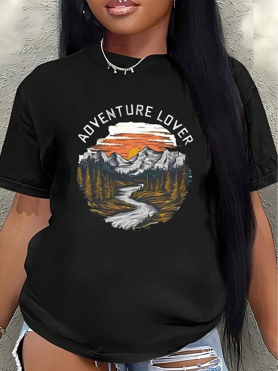 Camiseta de manga corta de diseño montañoso, ligera y resistente, adecuada para entusiastas de las actividades al aire libre que disfrutan de senderismo, camping y actividades de ocio en entornos naturales.blusa casual mujer - Negro - Ver 1