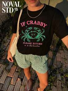 1 Piece Of Women's Short-Sleeved T-Shirt With "Don't Be Crabby" Print, Casual Street And Vacation Style, Loose Fit, Multifunctional, White, Round Neck, Fashionable T-Shirt For Everyday Wear, Suitable For Daily Use. 180g 100% Cotton. - 黑色 2 - 查看 3