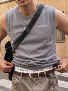 Suéter holgado de cuello redondo de punto para hombre, estilo casual con estampado de la letra California, cómodo y sin mangas, color gris, para primavera/verano - Gris - Ver 1