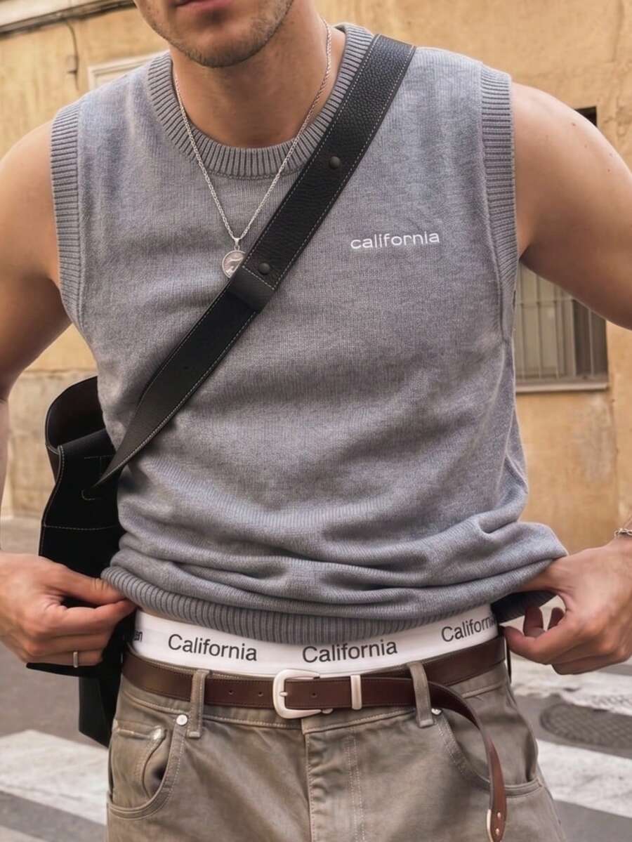 Suéter holgado de cuello redondo de punto para hombre, estilo casual con estampado de la letra California, cómodo y sin mangas, color gris, para primavera/verano - Gris - Ver 1