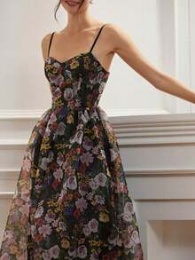 Aveloria Revavyn Vestido largo con borde de organza de estampado floral romántico y delicado, que estiliza la cintura, elegante vestido de fiesta/noche con tirantes finos para mujeres - Multicolor - Ver 3