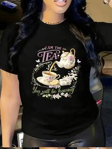 Women's T-Shirt, Fitted T-Shirt For Women, T-Shirt With "I Am The Tea You Want To Drink" Print, Casual Short-Sleeved Round Neck Top, Suitable For Spring And Summer Wear, Clothing. - 黑色 - 查看 2