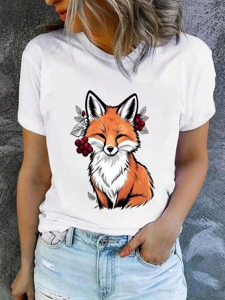Casual Crew Neck T-Shirt, Plus Size T-Shirt For Women, Printed T-Shirt For Women, Printed With A Cute Fox With Red Berries And Leaves - Fun Print, Machine Washable, Casual And Versatile, Loose And Comfortable, A Perfect Gift For A Good Friend. - 白色 - 查看 1