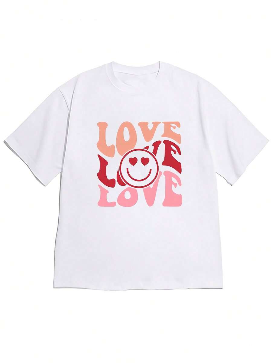 Spring/Summer 2026, New Women's Off-Shoulder Loose Fit Short Sleeve T-Shirt For Valentine's Day, With "Heart, Smile, Multicolor, LOVE" Print And Sweet Dollar Element. Fresh And Sweet Style, Comfortable And Skin-Friendly, Perfect For Women's Casual Daily Wear - High Quality. - 白色 - 查看 1