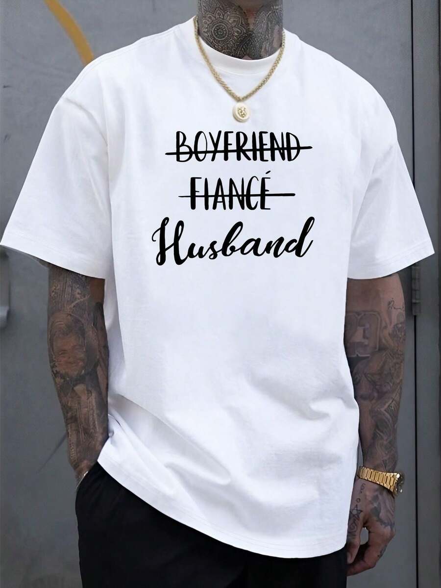 Men's Short-Sleeved T-Shirt, Casual Style, With Custom Print Of The Words "Boyfriend, Fianco, Husband", Made Of 100% Polyester Fiber, Lightweight With A Weight Of 180 Grams Per Square Meter, Regular Fit With Round Neck, Comfortable And Elastic, Fashionable Summer T-Shirt, Casual Everyday Wear, Suitable As A Gift [Niu Wang Selection]. - 白色 - 查看 1