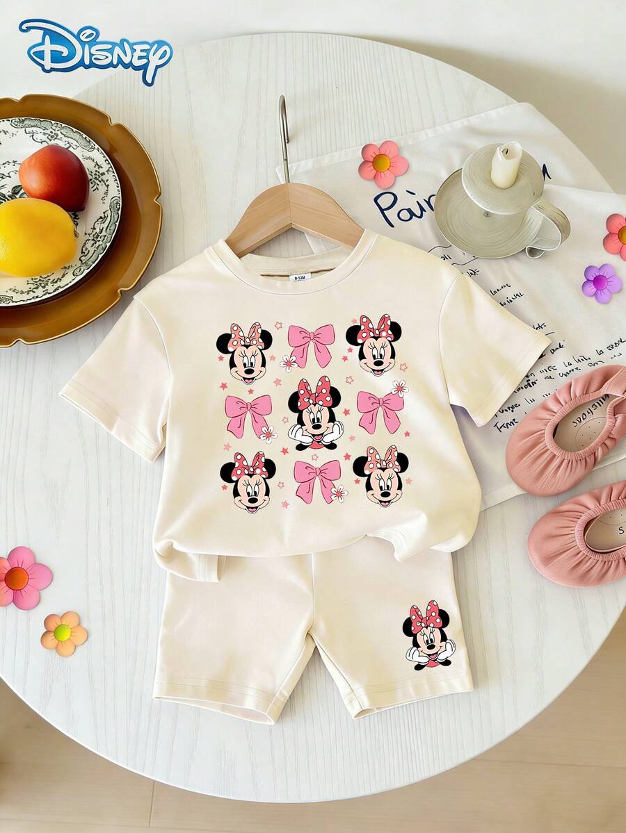 Disney 女嬰 Minnie Mouse 蝴蝶結印花圓領短袖 T 恤 + 白色短褲套裝,3 歲以下女童休閒 Coquette 風格服飾 - 米色 - 查看 1