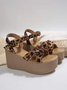 Wide Fit Plus Size Wedge Heel Sandals, Cross Leopard Print Adjustable Buckle Open Toe Sandals - Multicolor - View 4
