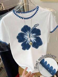 Camiseta de mujer de manga corta a rayas de colores vintage, top casual de cuello redondo para el verano - Blanco - Ver 5