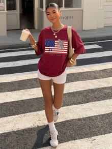 Women's Oversized T-Shirt With Pink And Red Striped Slogan Print, Casual Summer Holiday Style, Loose Fit, Round Neck, Short Sleeve, Comfortable - 酒紅色 - 查看 4