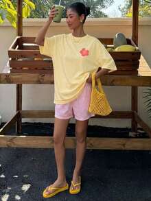Camiseta Holgada Casual de Playa para Mujer  con Estampado de Rayas de Langosta y Letras, Camiseta de Playa de Verano, Colores Pastel, Adecuada para Vacaciones, Viajes de Graduación, Fiestas en la Playa, Festivales de Música - Amarillo claro 2 - Ver 6