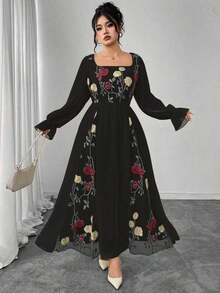 Vestido de mujer de talla grande con parches de malla y bordado floral elegante - Negro - Ver 5