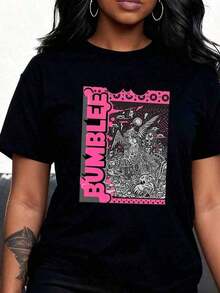 Women's Summer Clothes: Stylish Short-Sleeve Blouse With 'BUNGLE' Graffiti Print And Vibrant Abstract Patterns In Pink And Black, Comfortable And Soft Fabric, Fun Design, Perfect As A Gift For Her. Women's Summer Clothes: Stylish Short-Sleeve Blouse, Loose Fit, Comfortable And Breathable For Everyday Wear. Breathable And Comfortable. - 黑色 2 - 查看 3