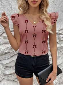 Blusa de moda con cuello en V y mangas cortas con estampado de moño para mujer - Rosa vieja - Ver 4