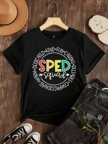 Camiseta de Mujer Casual con Cuello Redondo, Opciones en Blanco y Negro, Estampado de Letras Coloridas SPED, Camisetas Cómodas para Uso Diario, Tops de Verano, Camisetas Gráficas, Conjuntos de Verano para Mujer, Camisetas Cortas para Mujer, Tops Vintage de Algodón, Ropa Linda para Mujer, Playera Holgada para Mujer - Negro - Ver 2