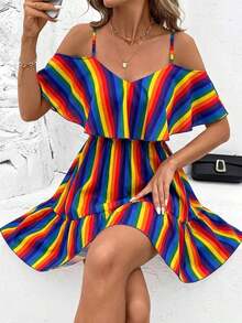 Vestido corto elegante de mujer con cuello en V, volantes, cintura y línea A, con estampado de lunares marrones y hombros descubiertos - Multicolor 2 - Ver 7