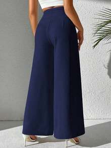 Clasi Pantalones casuales de oficina sueltos con cintura alta, plisados y pernera ancha de unicolor para mujer - Azul marino - Ver 2