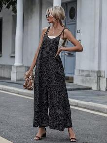 LUNE Jumpsuit de lunares con bolsillos oblicuos de hombros con cordón sin top tubo - Negro - Ver 5