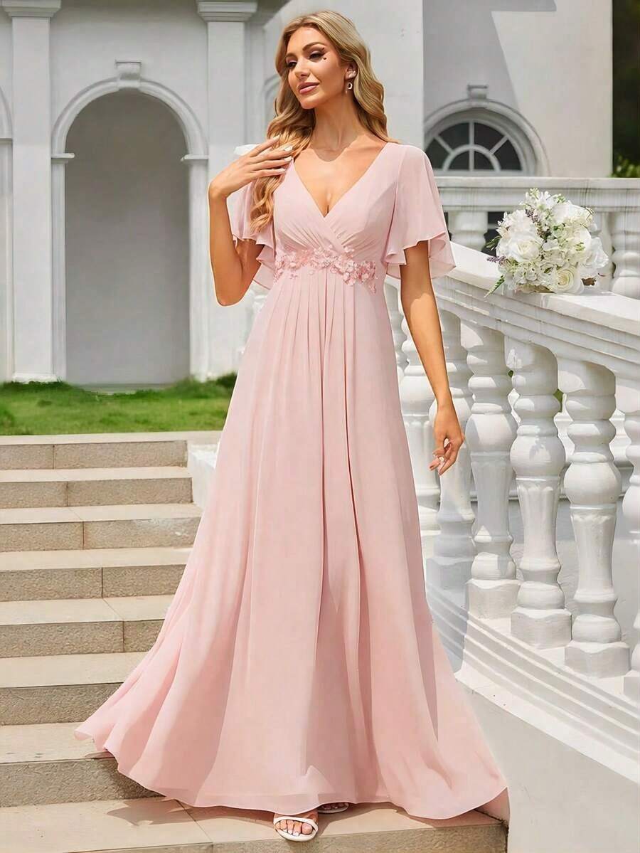 Elegante vestido de dama de honor de gasa con cuello en V, mangas con volantes bordados y plisados, vestido de noche formal para invitados de boda - Rosa 3 - Ver 1