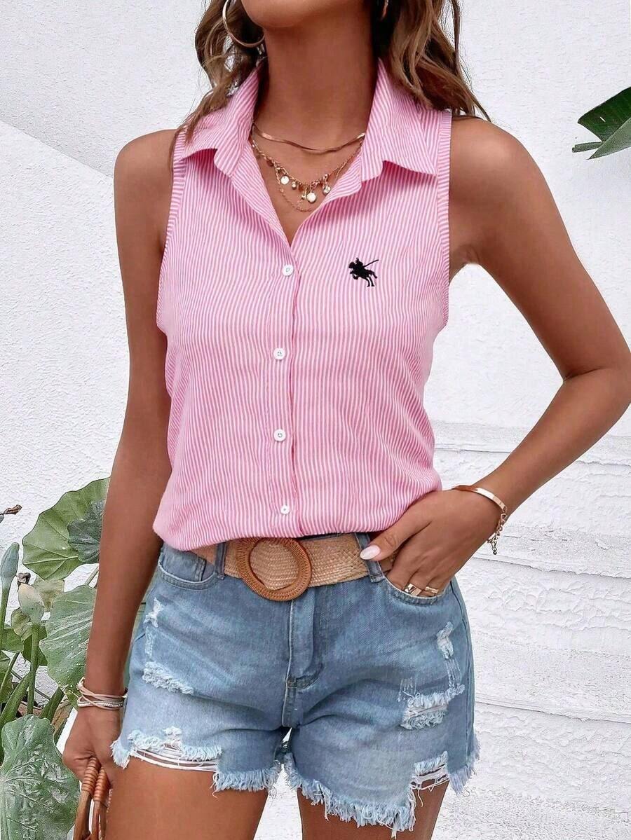 Camisa de mujer tipo cárdigan de ajuste ceñido, sin mangas, con cuello, rayas y bordado en contraste, nueva llegada de verano - Rayas rosas - Ver 1