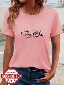 Women's Summer T-Shirt, Round Neck, Short Sleeve, 100% Cotton, Ideal For Daily Outings, Travel And Vacations, Branch And Bird Print, Casual Top, Versatile And Comfortable Fabric - 羅莎 - 查看 2