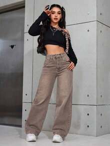 Pantalones vaqueros anchos sueltos y versátiles de mujer con diseño de bolsillos - Marrón 2 - Ver 2
