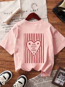 1 Women's Summer T-Shirt, Loose Fit, Round Neck, Short Sleeve, With "MORE AMORE PER FAVORE" Striped Heart Print, Suitable For Vacation, Office, Outings, Daily Wear, Dates, Parties, Meetings, Street Wear And Other Casual Occasions, White. - 糖果粉紅色 - 查看 4