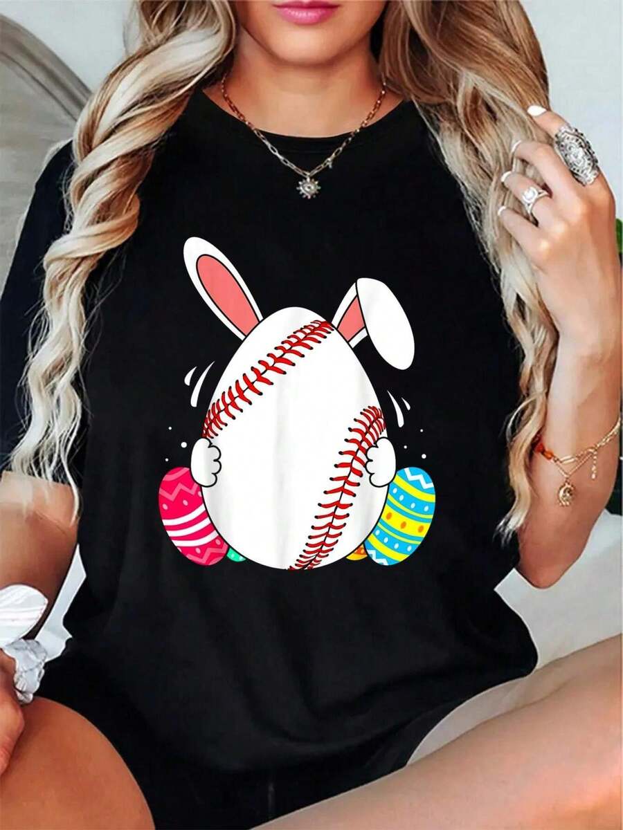 Camiseta de talla para mujer con diseño de orejas de conejo de Pascua - Cuello redondo negro, manga corta, diseño divertido de conejo y huevo, estilo casual de verano, adecuada para entusiastas del béisbol, ropa casual festiva, lavable aáquina - Camiseta unisex de algodón holgada de manga corta y cuello redondo, estilo vintage urbano. - Negro - Ver 1