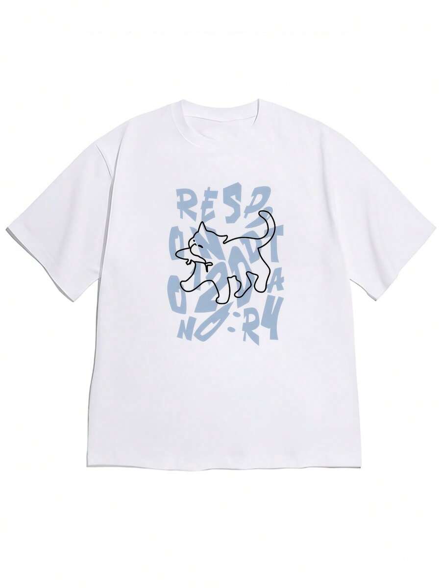 Custom Spring/Summer 2026 Short-Sleeved, Drop-Shoulder T-Shirt With A Modern, Simple Style Featuring A Black Line Illustration (With A Detail Of It Holding An Object) And A Combined Illustration Against A Light Blue English Text Background. This Comfortable And Soft Short-Sleeved T-Shirt Is Perfect For Everyday Wear For Those Who Love Modern, Understated Fashion. Unisex, Loose-Fitting, Cotton, Crew Neck, Urban Vintage Style. - 白色 - 查看 1