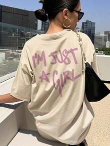 I'm Just Girl - Women's Summer T-Shirt, Urban Style, With Custom Letter Print, Crew Neck, Everyday Wear, Women's Top. Women's Pure Cotton Graphic T-Shirts - 杏色 - 查看 6