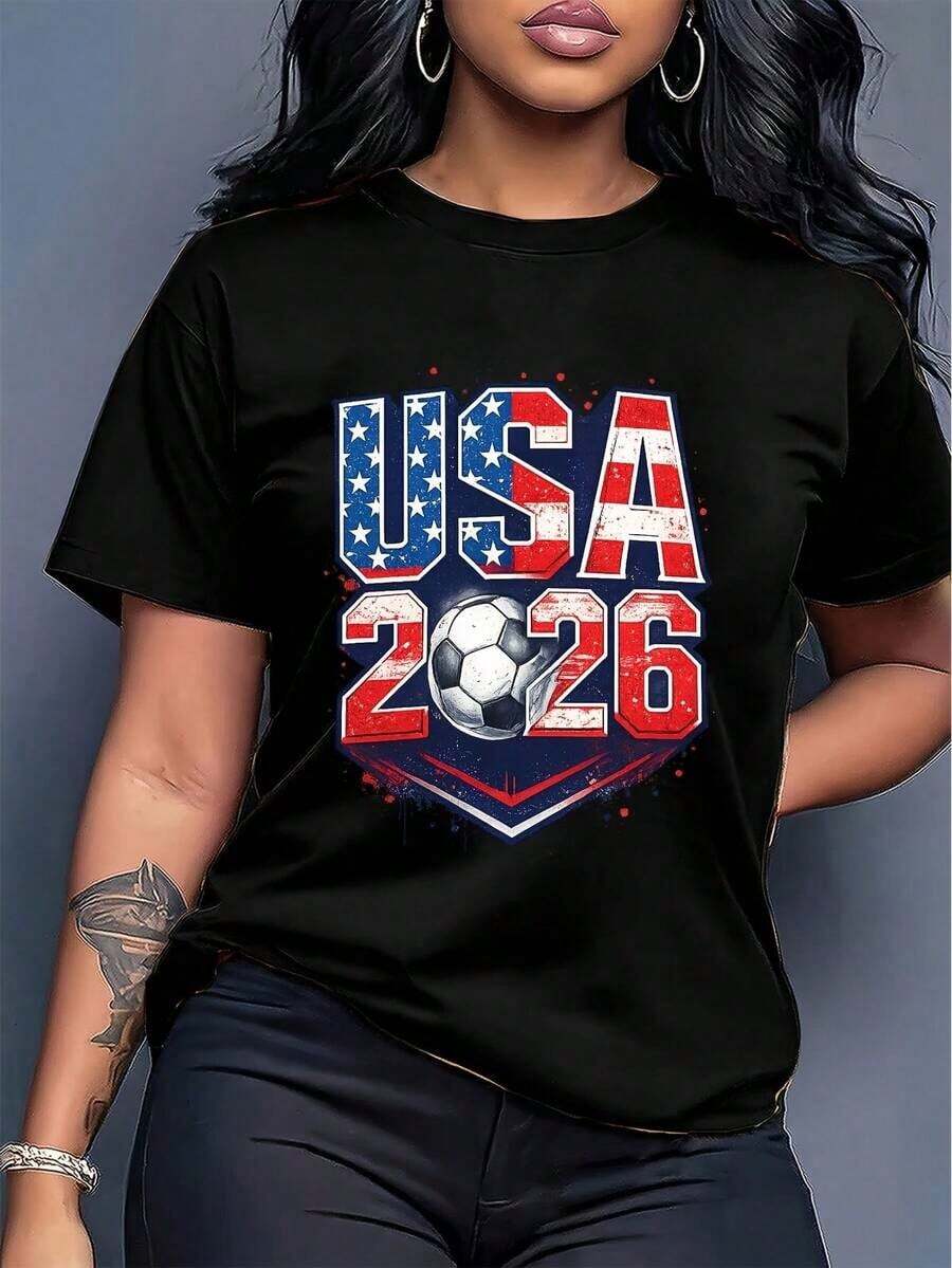 [Officially Licensed By The World Cup] 2026 World Cup Themed Short Sleeve T-Shirt, Football Themed Short Sleeve T-Shirt, Urban Style Print Design, Summer Top, Must-Have For Fans, Unisex Style Suitable For Couples, Perfect As A Birthday Gift For Boyfriend, Versatile And Comfortable For Summer, Unisex T-Shirt. - 黑色 - 查看 1