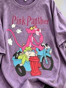 Vintage Acid Wash Pink Oversized T-Shirt, Retro Comic Newspaper Collage Graffiti Spray Paint Graphic Loose Fit 230g Heavyweight Men's Washed Tee - 水洗紫色 - 查看 2