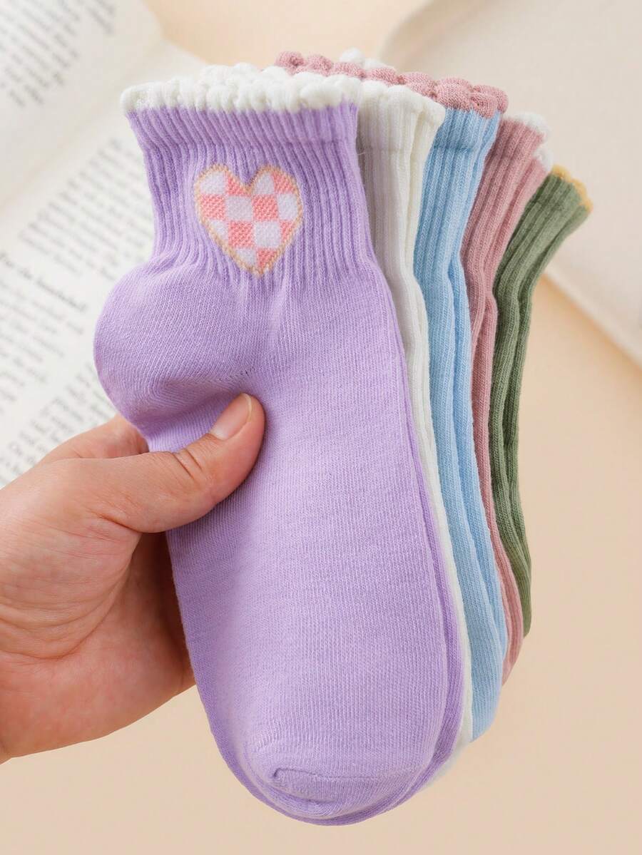 5 paires de chaussettes de cheville respirantes pour femmes avec imprimé cœur et bulle mignons, pour un port quotidien - Multicolore - Voir 1