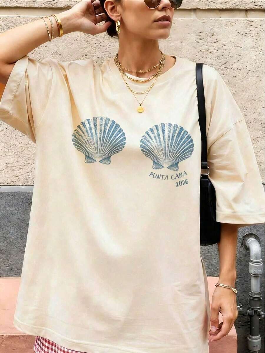 Women's Tropical Shell Print Casual T-Shirt - High Elasticity Top,Summer Beachwear, All-Season Comfortable Fit, Vacation Outfits For Women - 杏色3 - 查看 1