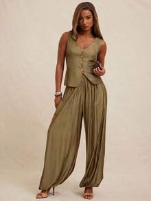 Women's Set (Top And Pants) Vest-Style Top With V-Neck And Button Closure, High-Waisted Fitted Pants With Pleats, Suitable For Office, Business, Casual, Brunch, Church, Autumn And Winter, Suitable For Office Attire - 黑色 - 查看 4