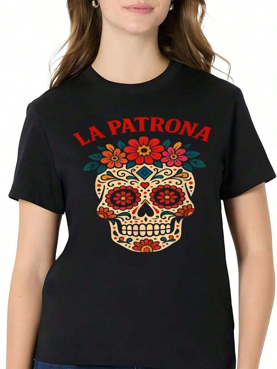 1 Piece Creative And Bold Casual T-Shirt La Patrona Sugar Skull Day Of The Dead, Relaxed Fit, Empowering, For Casual Celebrations, Female Leadership + Cultural Style Fansoft - 黑色 - 查看 1