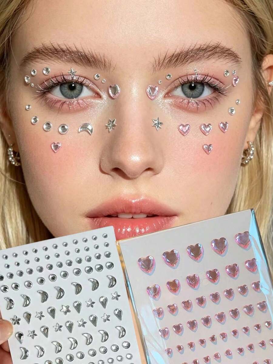 2pcs Shiny Face Rhinestone Stickers, Assorted Heart, Star, Moon Designs, Waterproof Stickers For Stage Makeup, Party Makeup, Music Festival, Selfie Photo Decor, 3D Acrylic Rhinestones - Multicolor - View 1